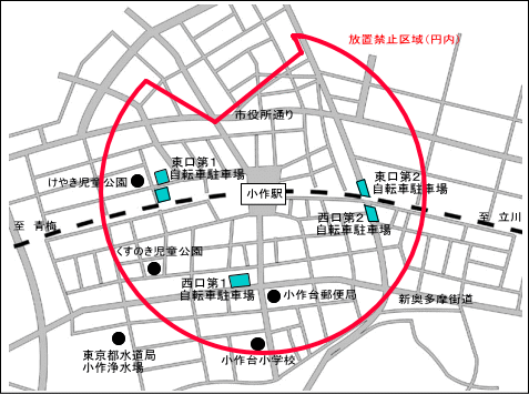 小作駅周辺の自転車駐車場および放置禁止区域