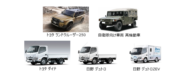 トヨタ ランドクルーザー250 ,自衛隊向け車両 高機動車 ,トヨタ ダイナ ,日野 デュトロ ,日野 デュトロZEV