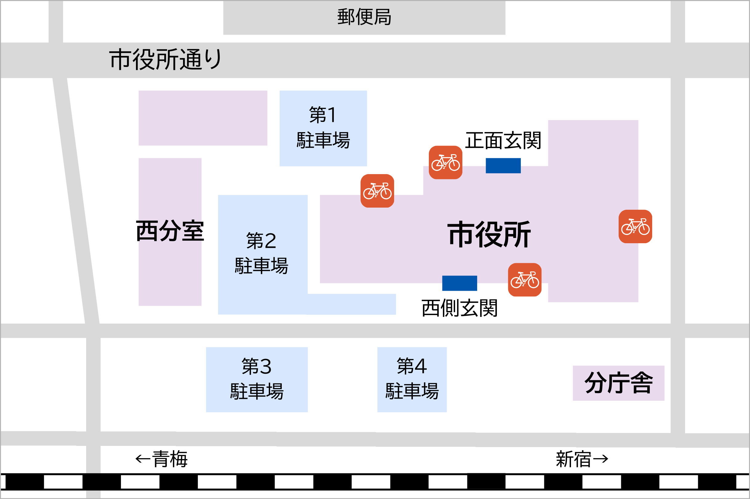 羽村市役所周辺の駐車場と駐輪場マップ
