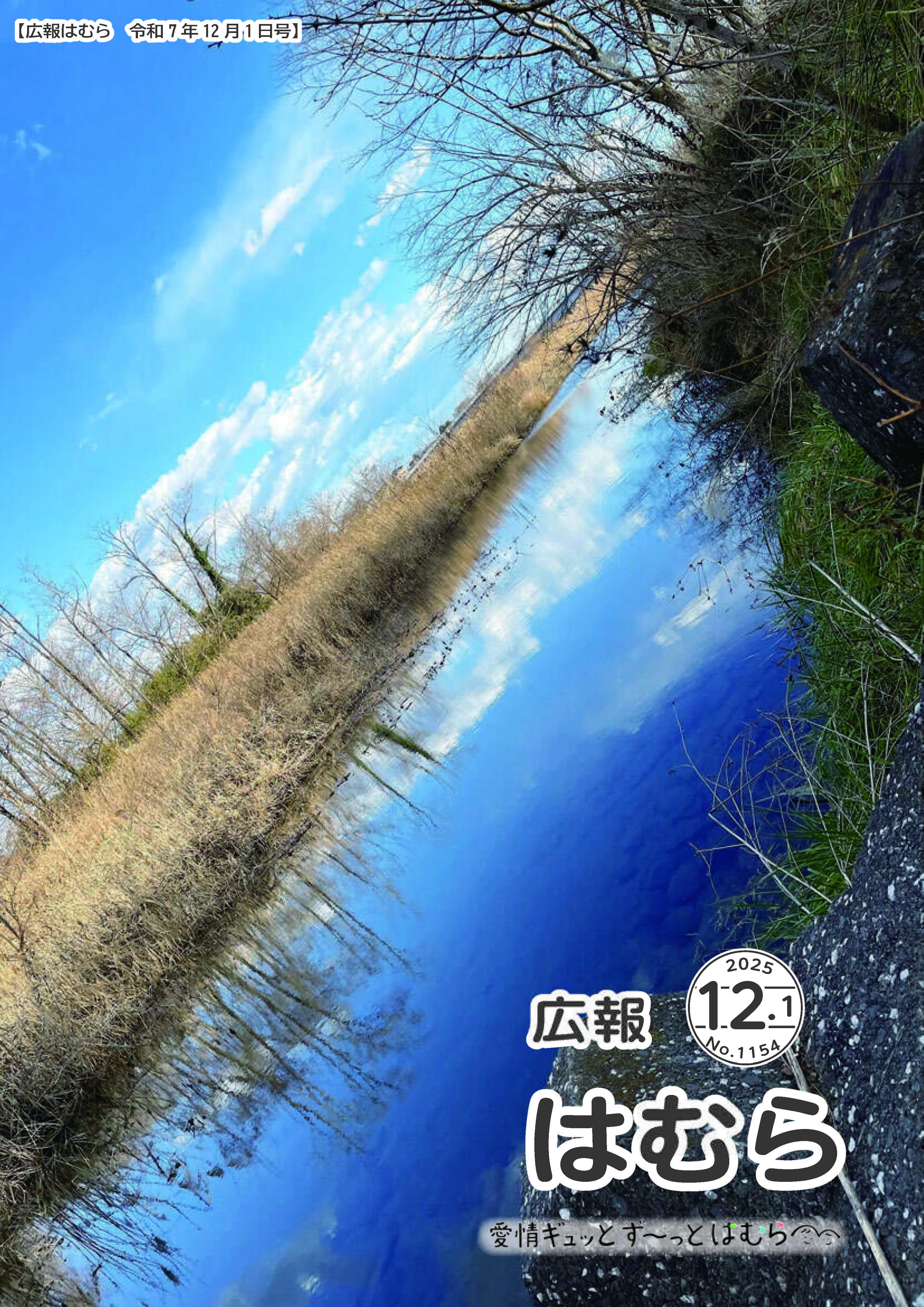 広報はむら12月1日号No.1154表紙（「羽村でもこのような写真が？？」山梨県の忍野八海のような青空が水面に反射している写真）